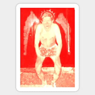 Portrait. Digital collage, special processing. Man in briefs, looking. Angel. Red, yellow, very bright. Sticker